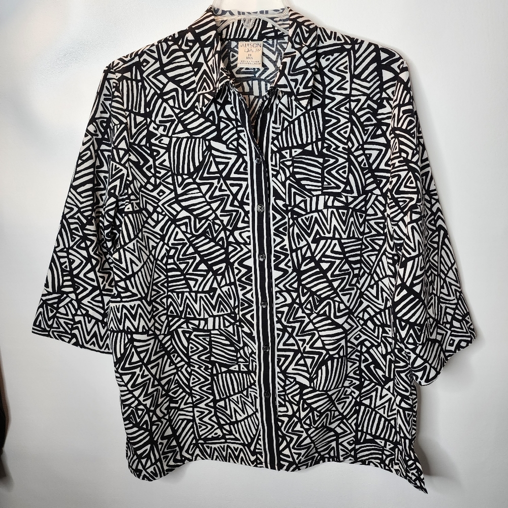 Allison Daley Blouse Black and White Print Three Quarter Sleeves Size 18W